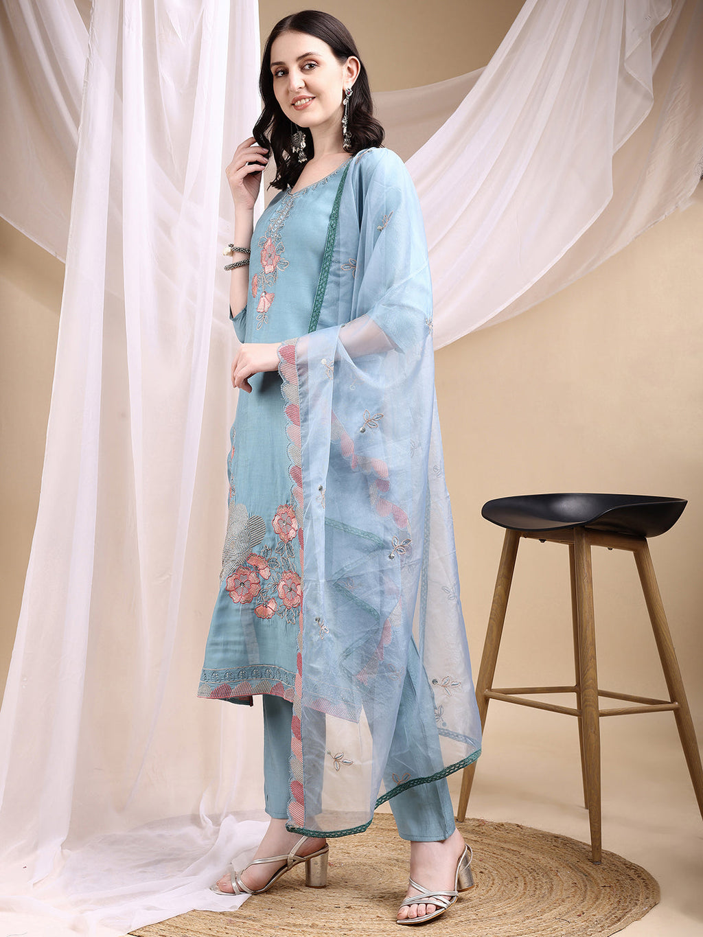 Turquoise Hand Embroidered Chanderi Kurta Set with Dupatta