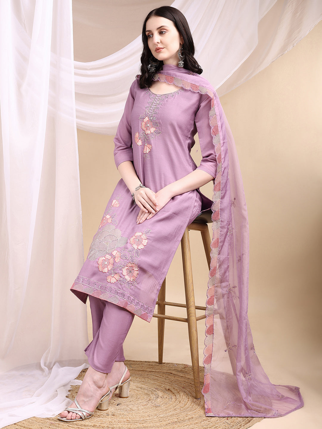 Lavender Hand Embroidered Chanderi Kurta Set with Dupatta