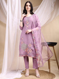Lavender Chanderi kurta set with intricate hand embroidery, matching pant, and dupatta.