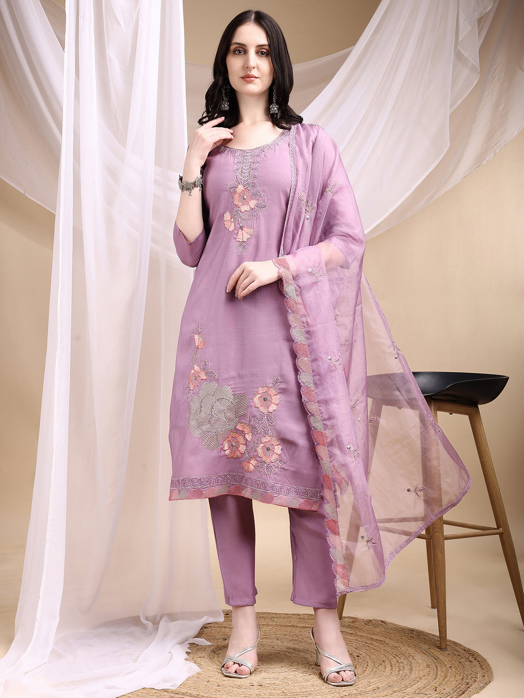 Lavender Chanderi kurta set with intricate hand embroidery, matching pant, and dupatta.