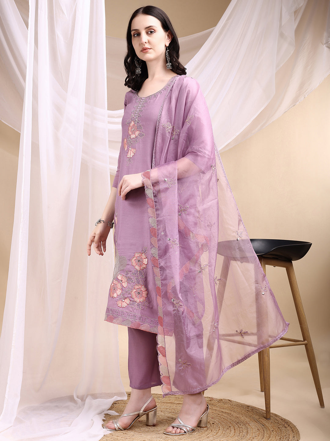 Lavender Hand Embroidered Chanderi Kurta Set with Dupatta