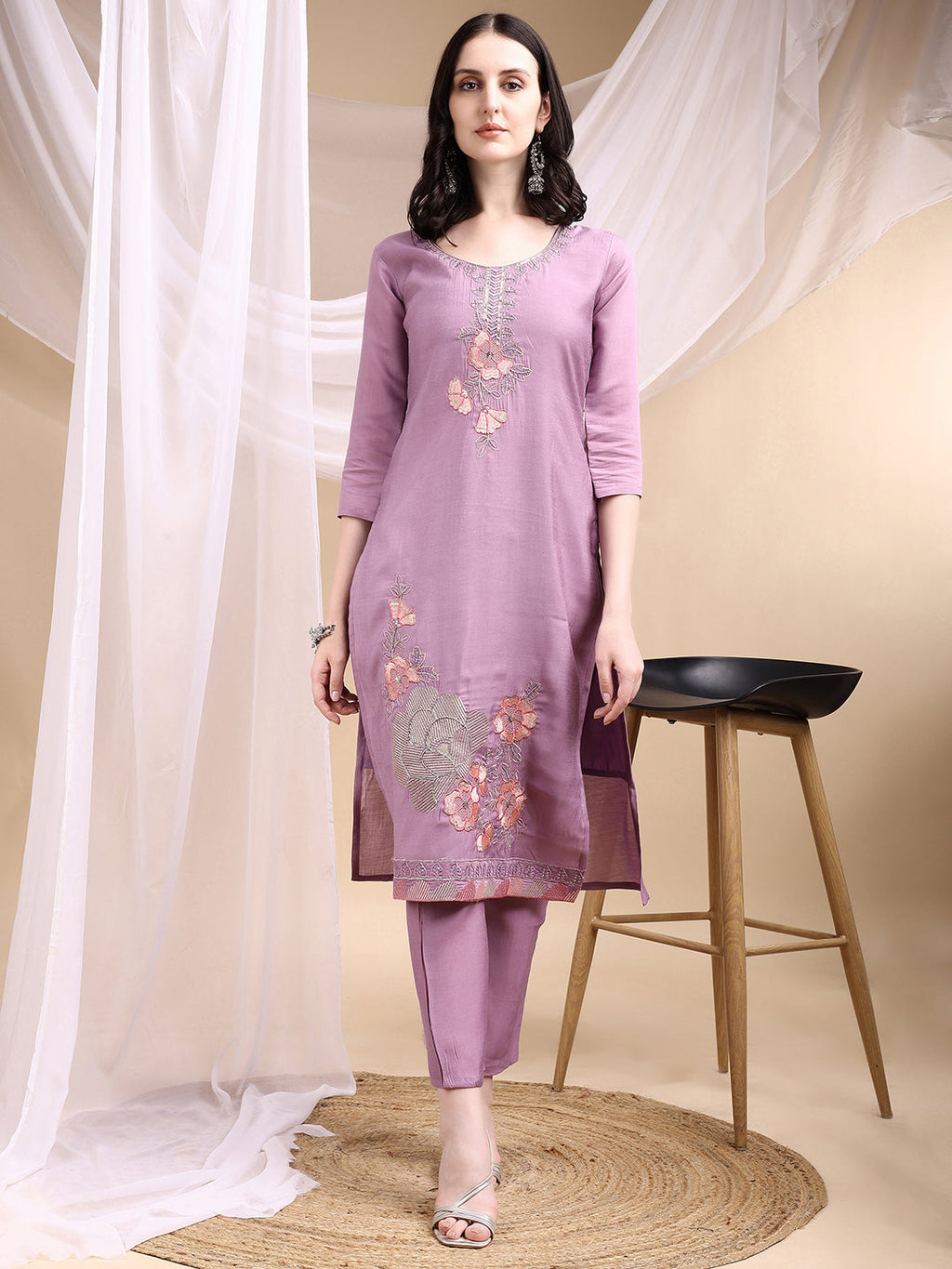 Lavender Hand Embroidered Chanderi Kurta Set with Dupatta