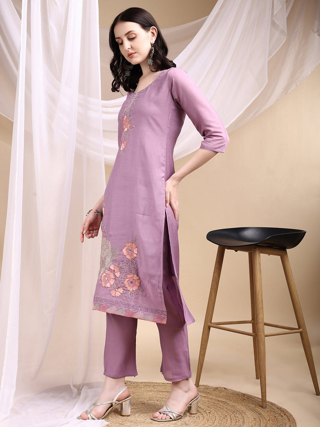 Lavender Hand Embroidered Chanderi Kurta Set with Dupatta
