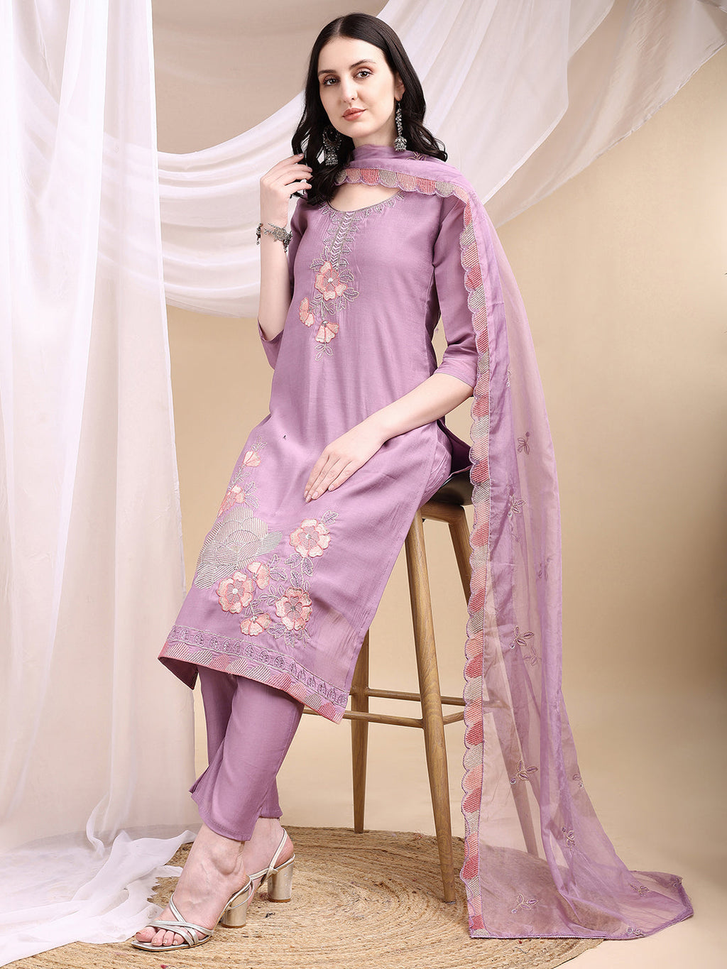Lavender Hand Embroidered Chanderi Kurta Set with Dupatta