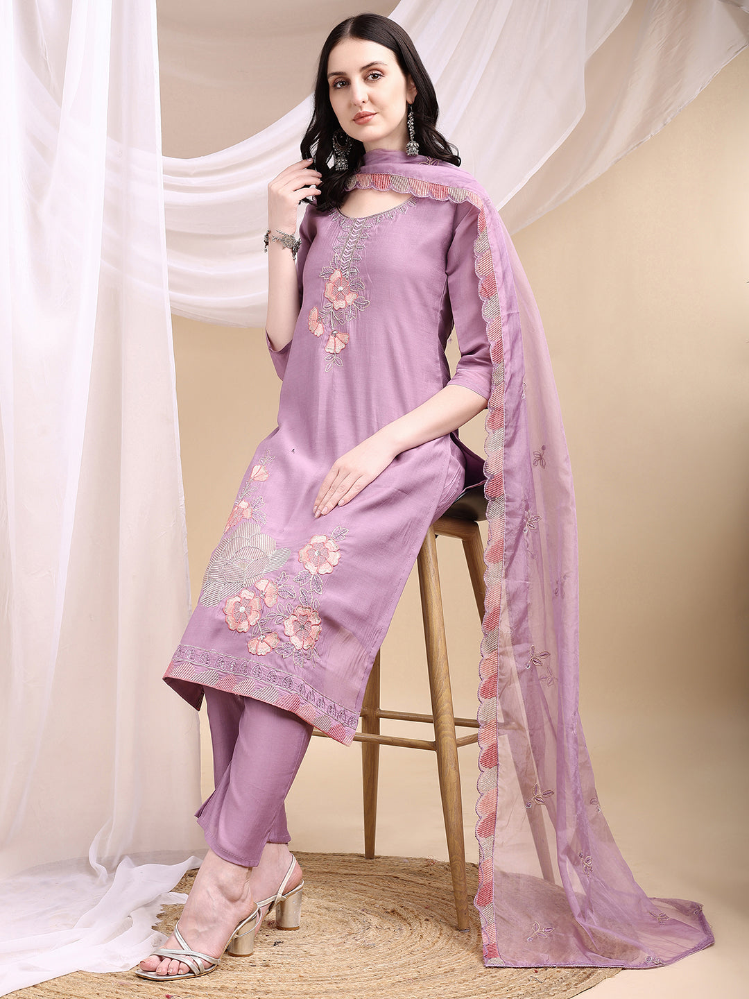 Lavender Hand Embroidered Chanderi Kurta Set with Dupatta