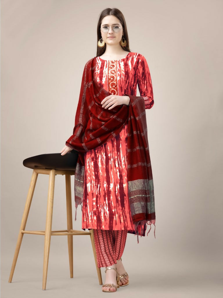 Women's orange rayon straight kurta with embroidery, lace work, trousers, and dupatta