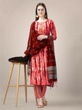 Women's orange rayon straight kurta with embroidery, lace work, trousers, and dupatta