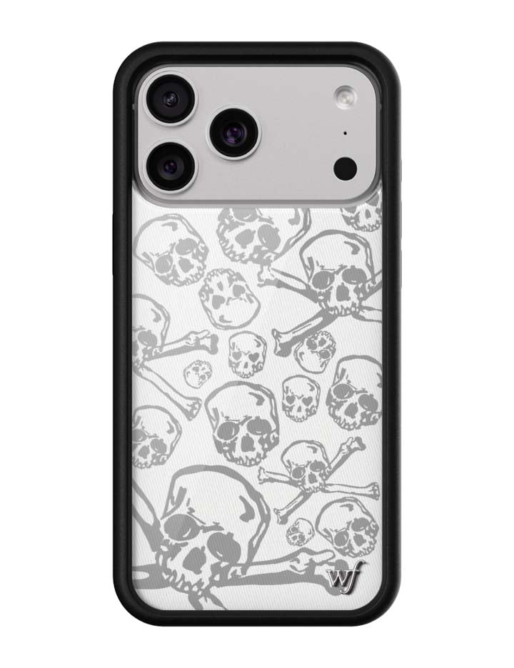 iPhone case with grey skull and crossbones pattern on a white background featuring a black rubber bumper and a small silver logo emblem.