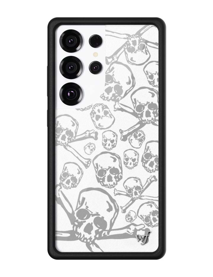 Limited edition Skull Girl phone case for Samsung Galaxy with white background, gray skulls, heart details, and black protective bumper