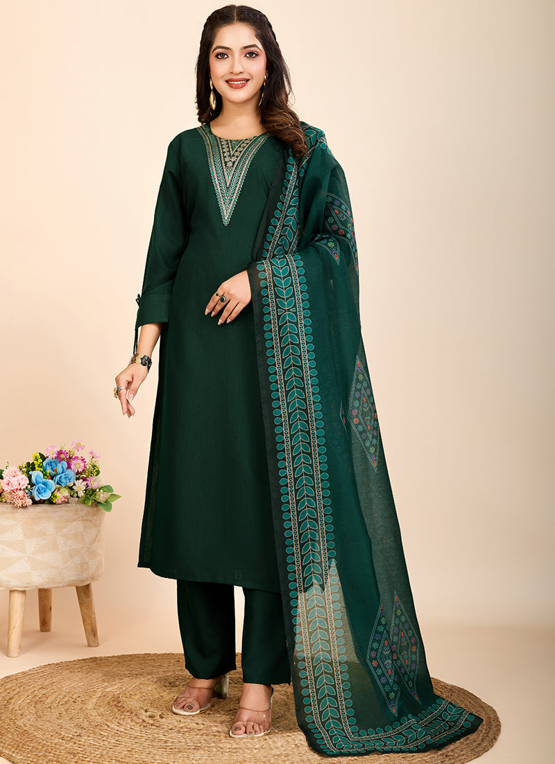 Green printed cotton blend salwar suit set for festive occasions