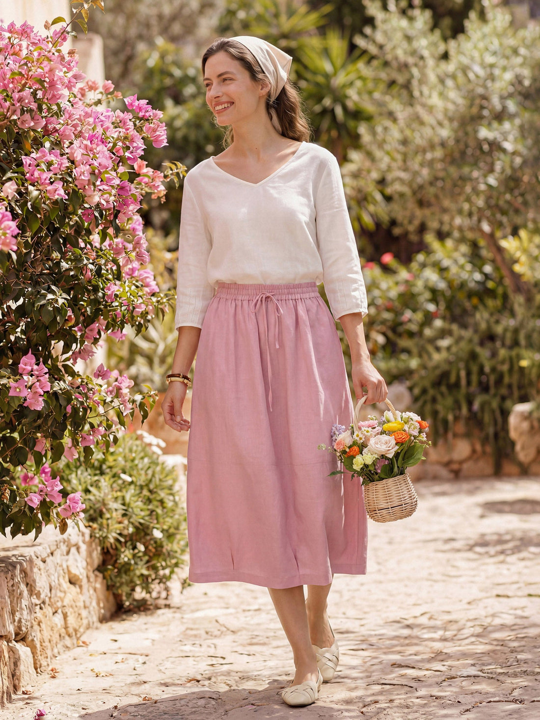 100% Linen Drawstring Lantern Maxi Skirt with Pockets ROXANNE