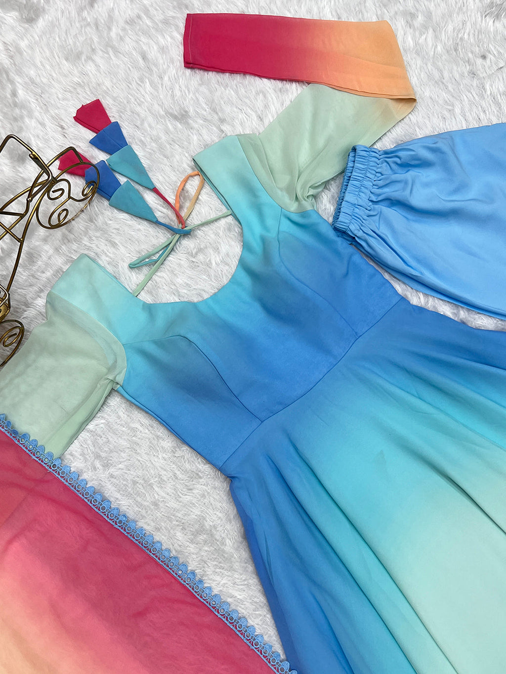 Women's Blue Georgette Anarkali Gown Set with 6.5m Flair