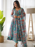 Lorenvalley Fashion blue organza silk Anarkali set with wide flair and Lucknowi belt