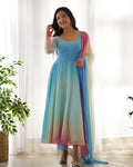 Blue Georgette Anarkali set with 6.5m flair, featuring matching pants and a flowing dupatta