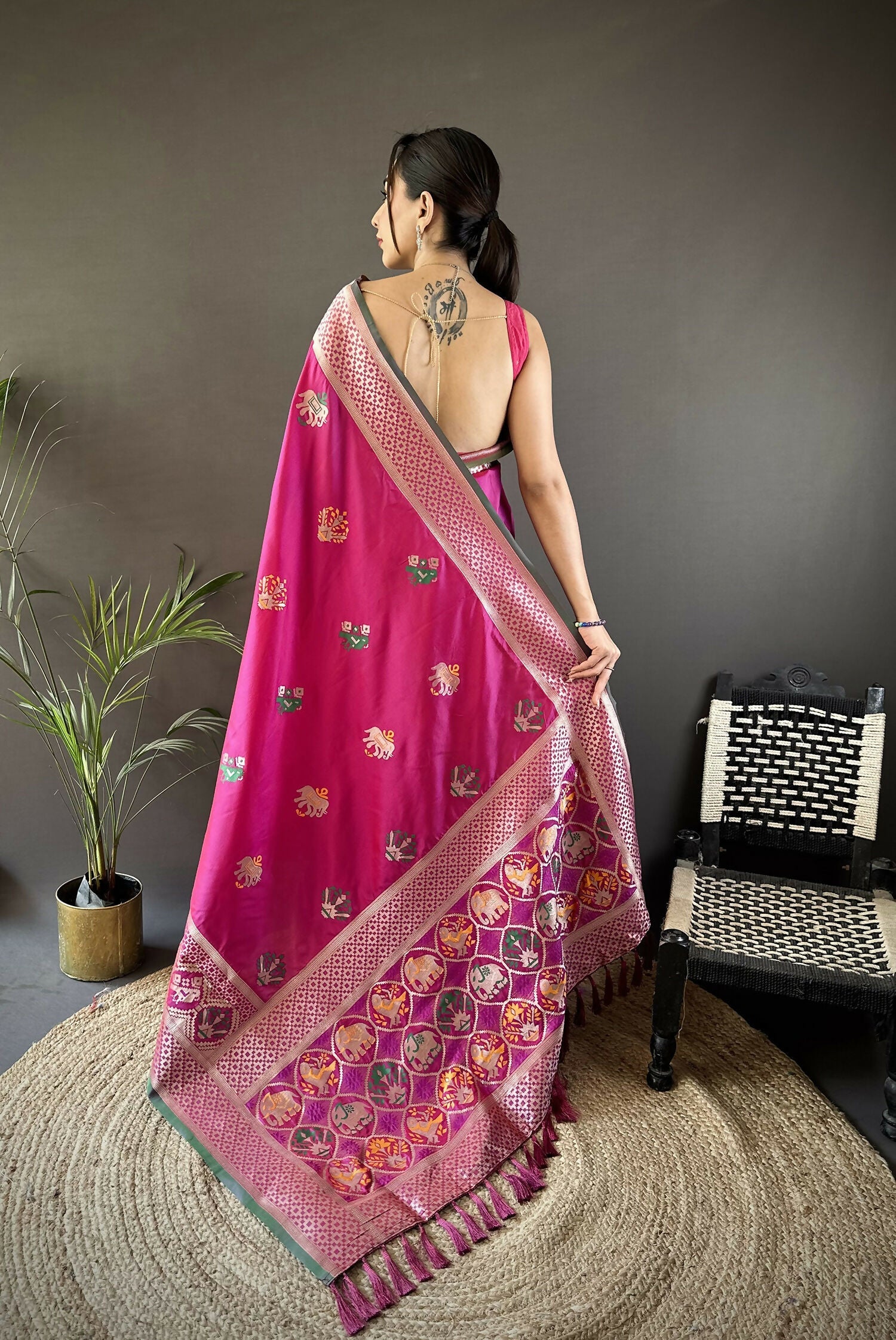 Pink Banarasi Saree with Elephant and Floral Motifs in Lichi Silk