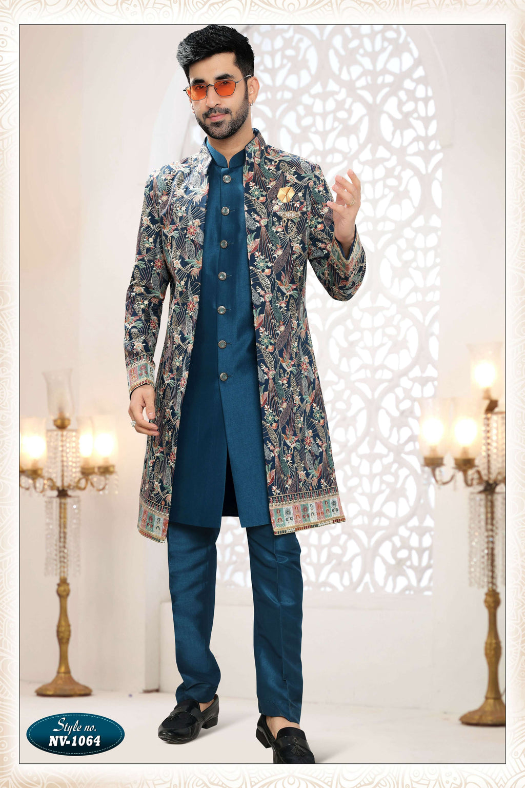 Men's blue straight silk kurta set with intricate thread and sequence embroidery