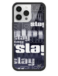 iPhone case with repeated Slay typography text and a black protective bumper