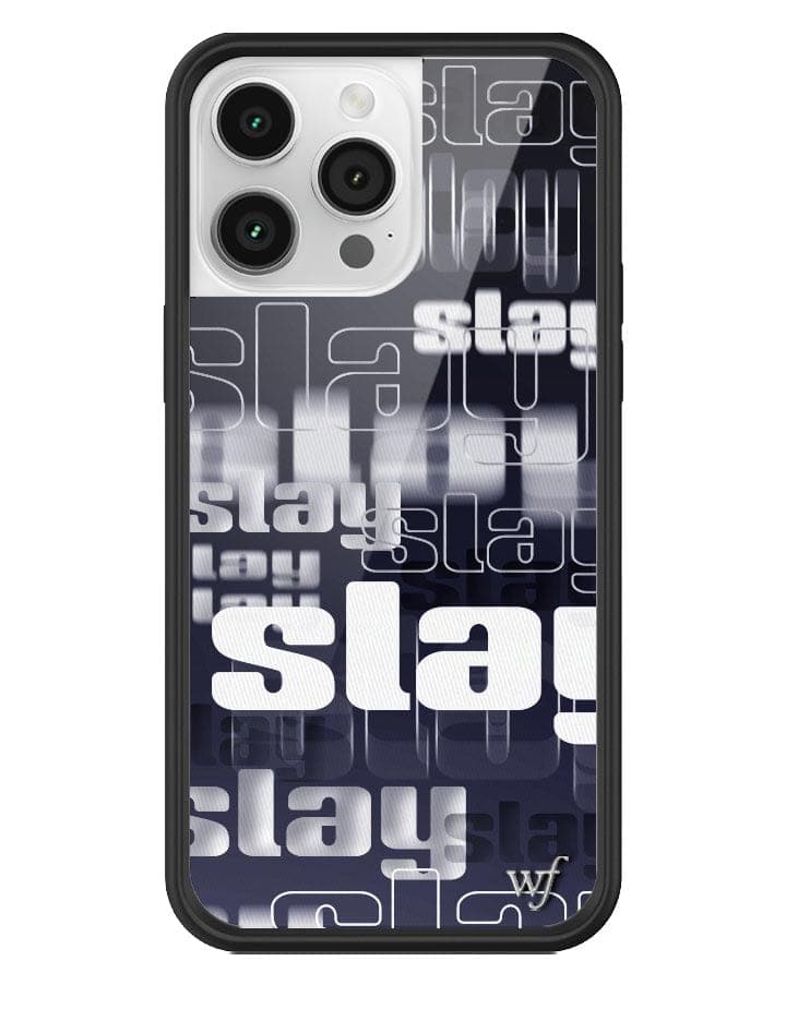 iPhone case with repeated Slay typography text and a black protective bumper