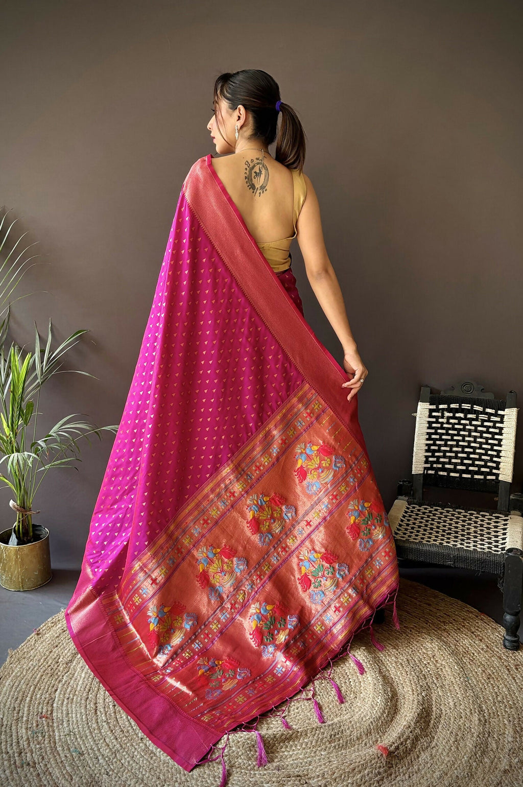Rani Pink Jacquard Butti Soft Lichi Silk Paithani Saree