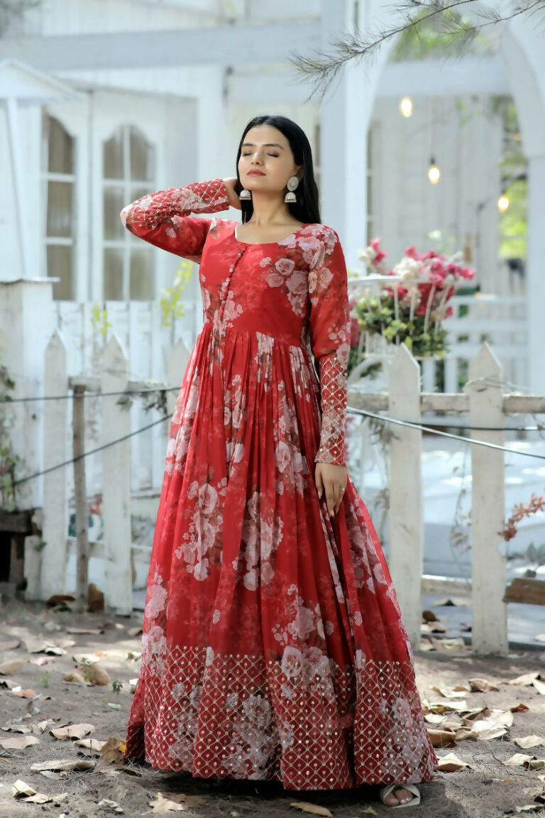 Red Sequence Zari Embroidered Anarkali Dress in Faux Georgette