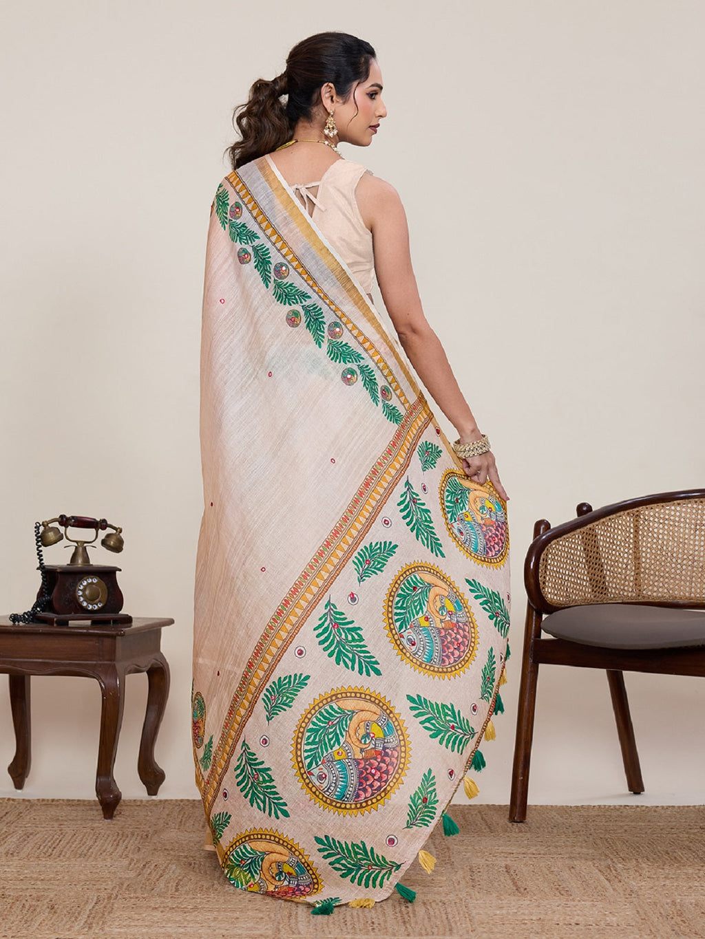 Ivory Linen Saree with Mirror Work and Unstitched Blouse