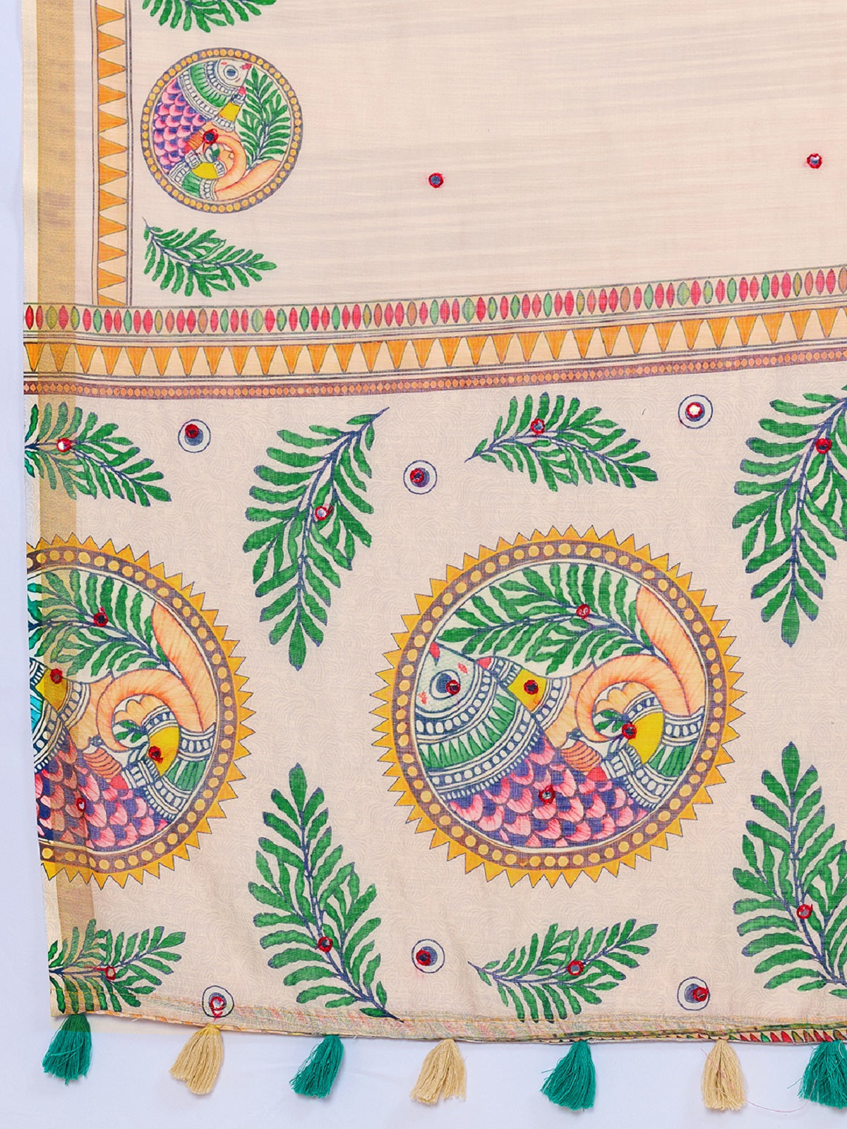 Ivory Linen Saree with Mirror Work and Unstitched Blouse