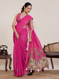 Pink Linen Saree with Mirror Work and Unstitched Blouse