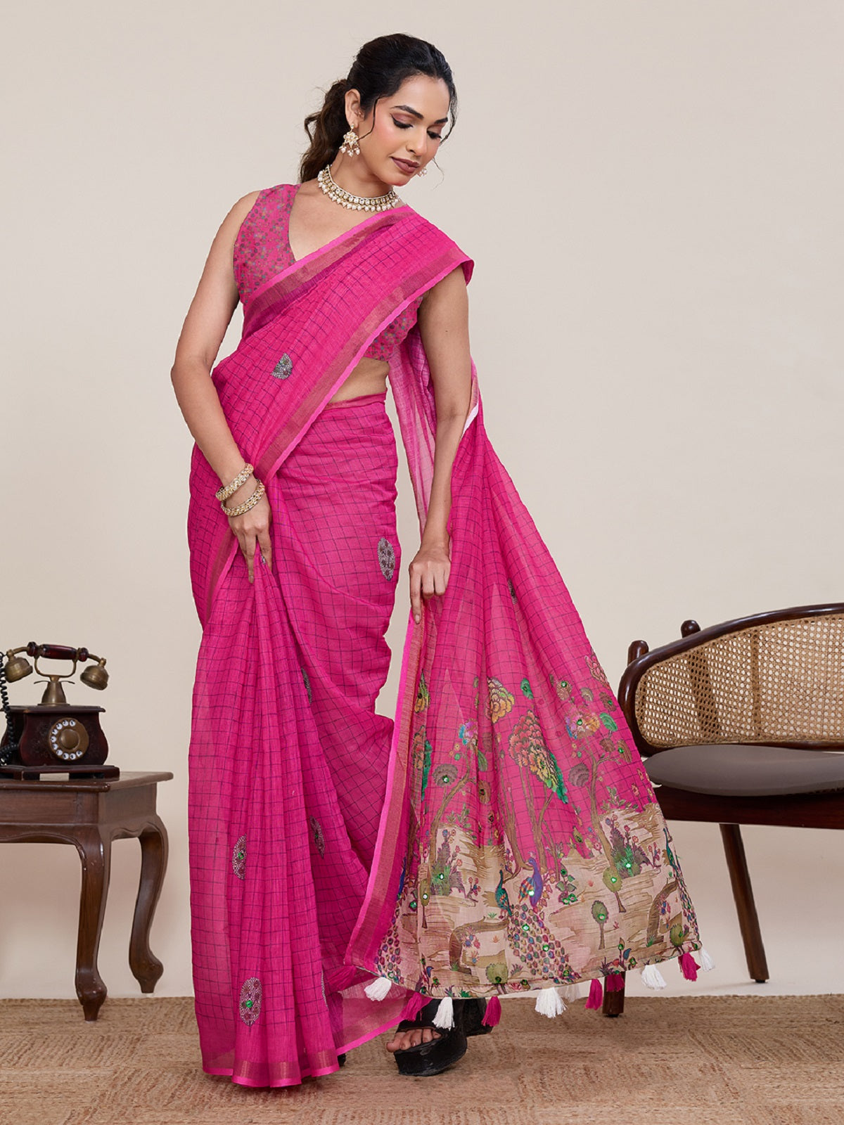 Pink Linen Saree with Mirror Work and Unstitched Blouse
