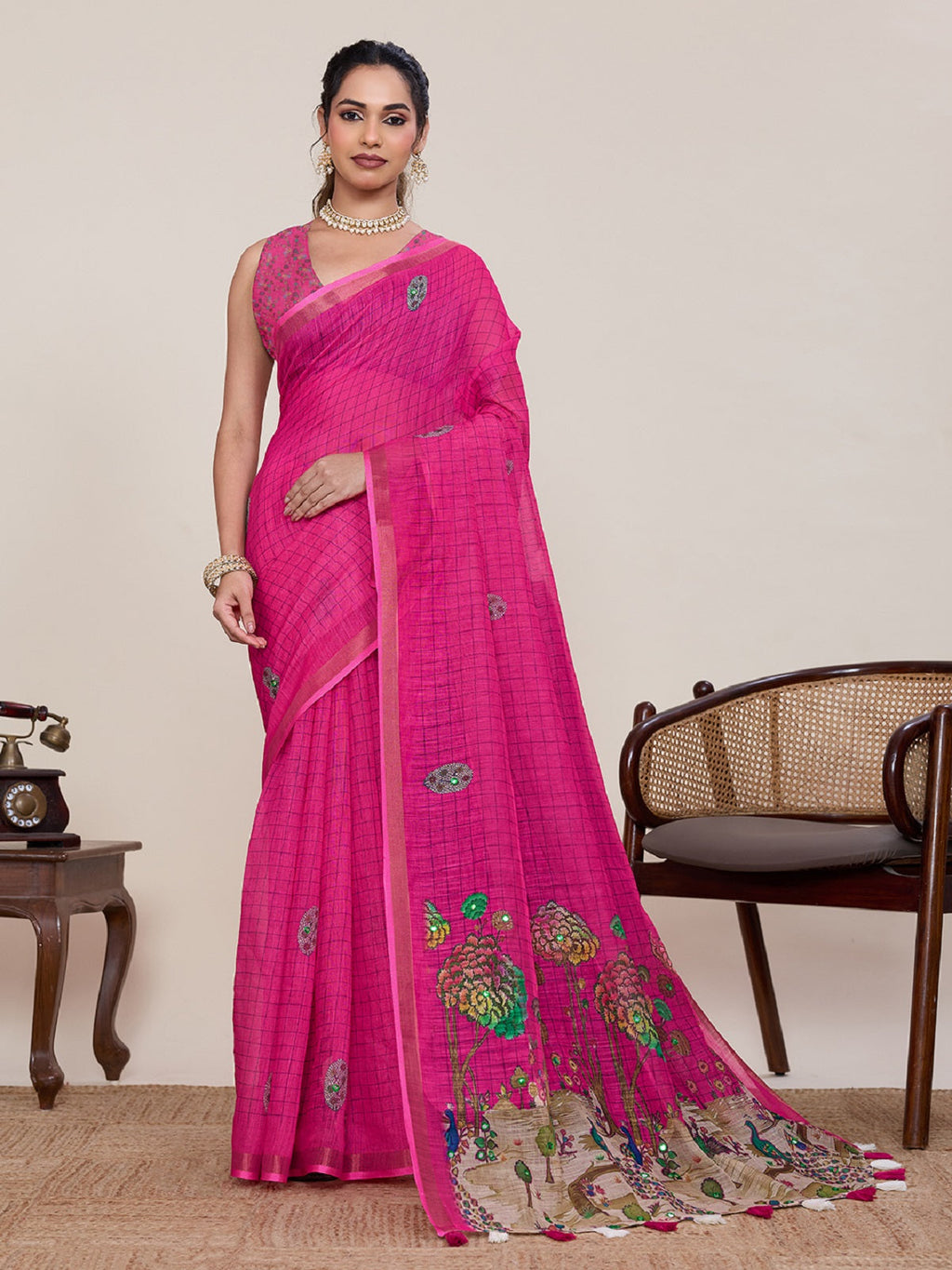 Casual Pink Linen saree with delicate mirror work detail