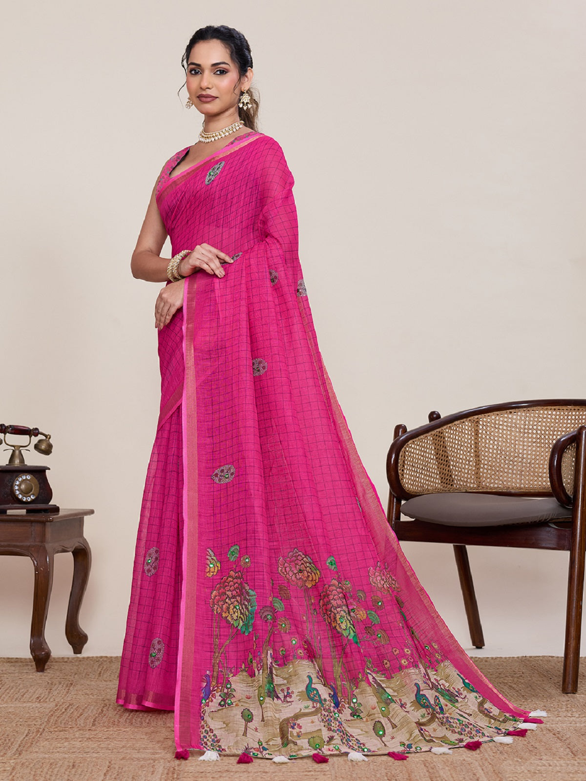 Pink Linen Saree with Mirror Work and Unstitched Blouse