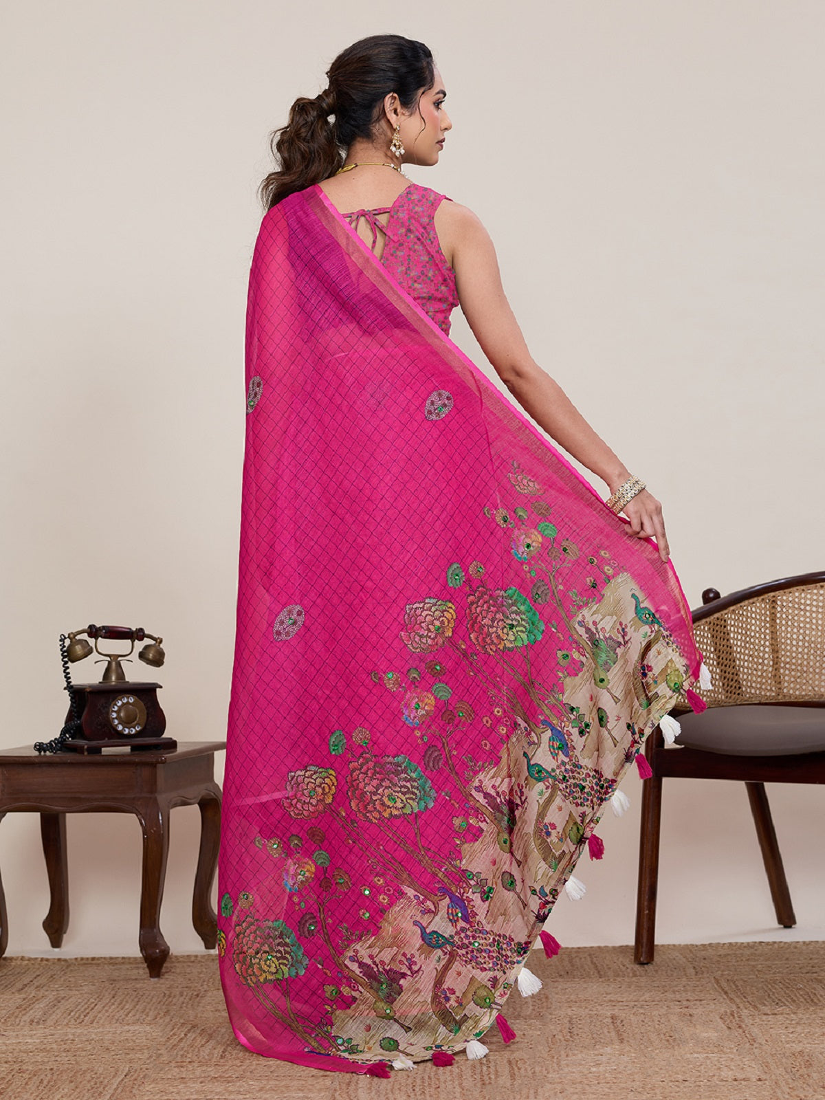 Pink Linen Saree with Mirror Work and Unstitched Blouse