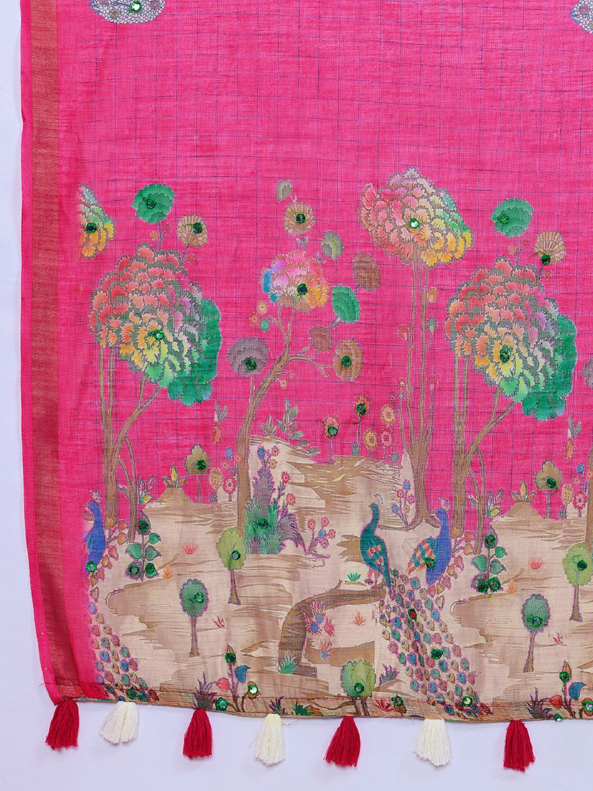 Pink Linen Saree with Mirror Work and Unstitched Blouse