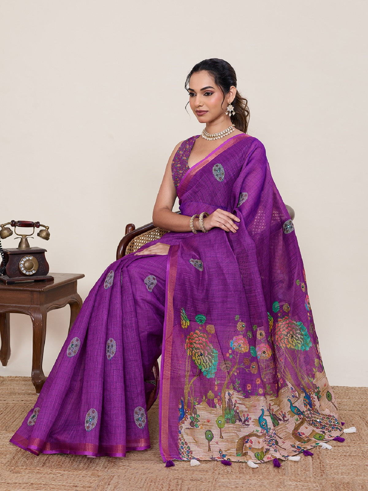 Purple Linen Casual Saree with Mirror Work Detailing