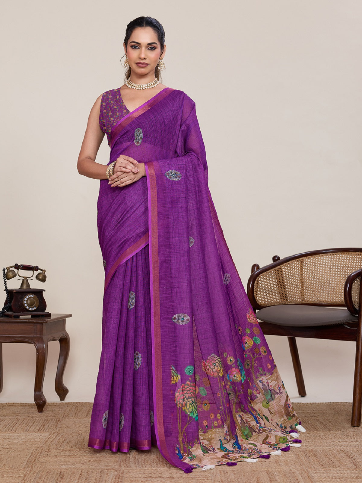 Purple linen casual saree with mirror work and unstitched blouse