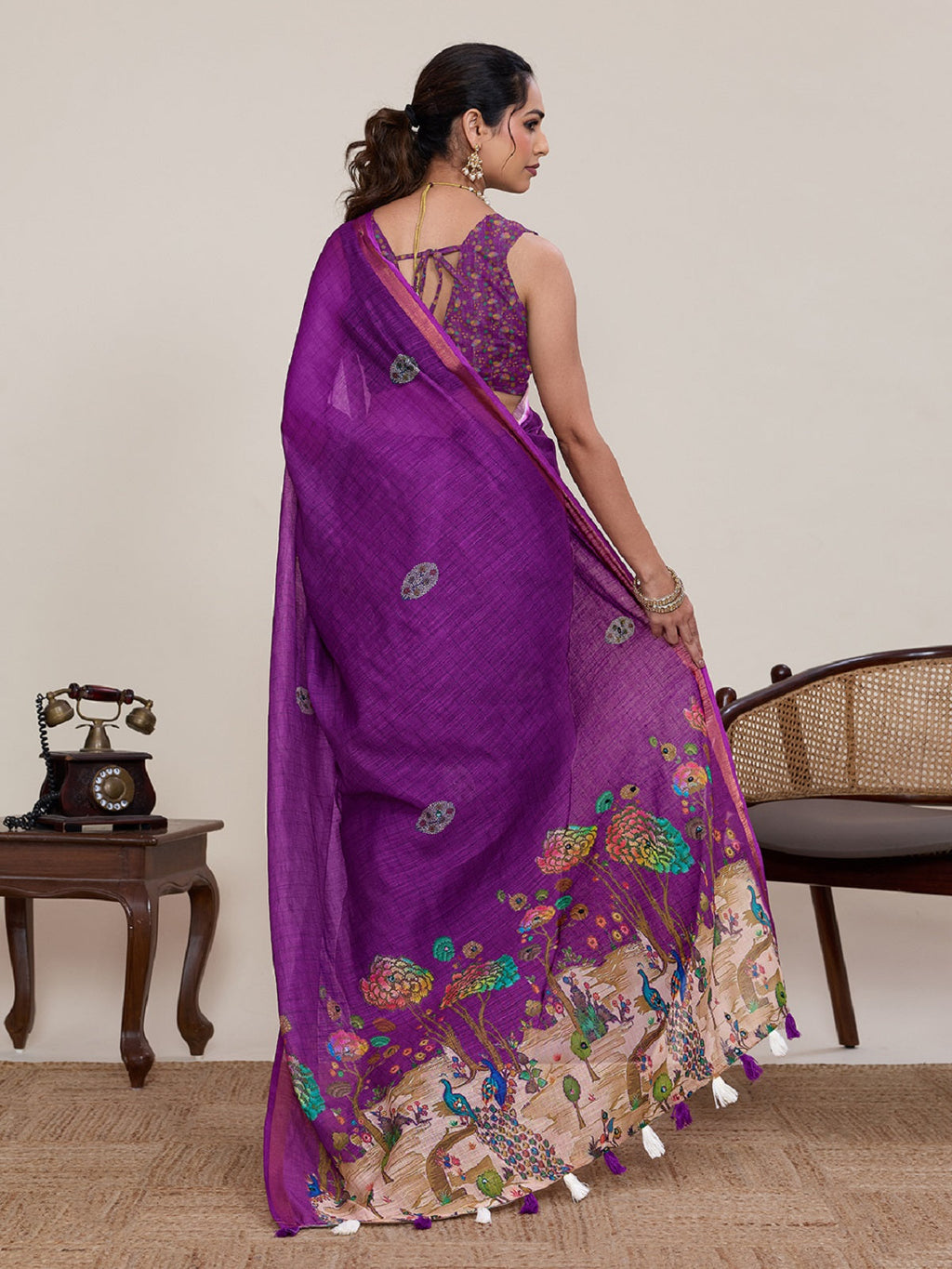 Purple Linen Casual Saree with Mirror Work Detailing