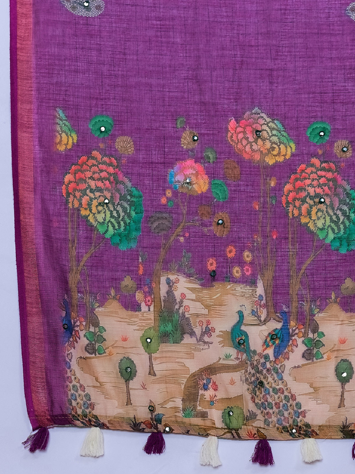 Purple Linen Casual Saree with Mirror Work Detailing