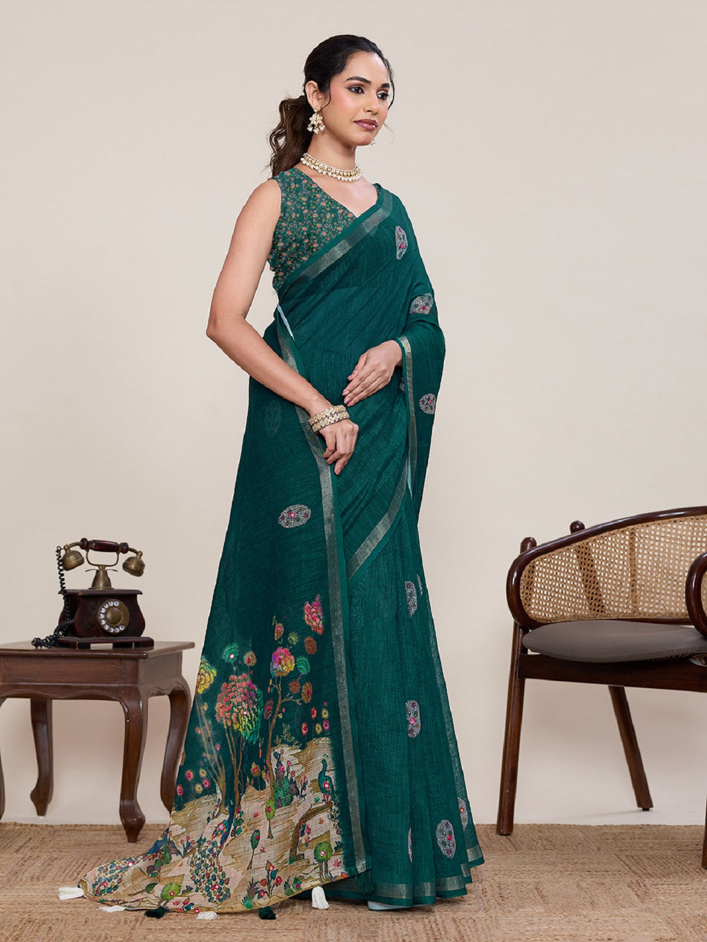Green Linen Saree with Mirror Work and Matching Unstitched Blouse