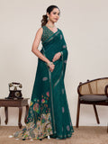 Green Linen Saree with Mirror Work and Matching Unstitched Blouse