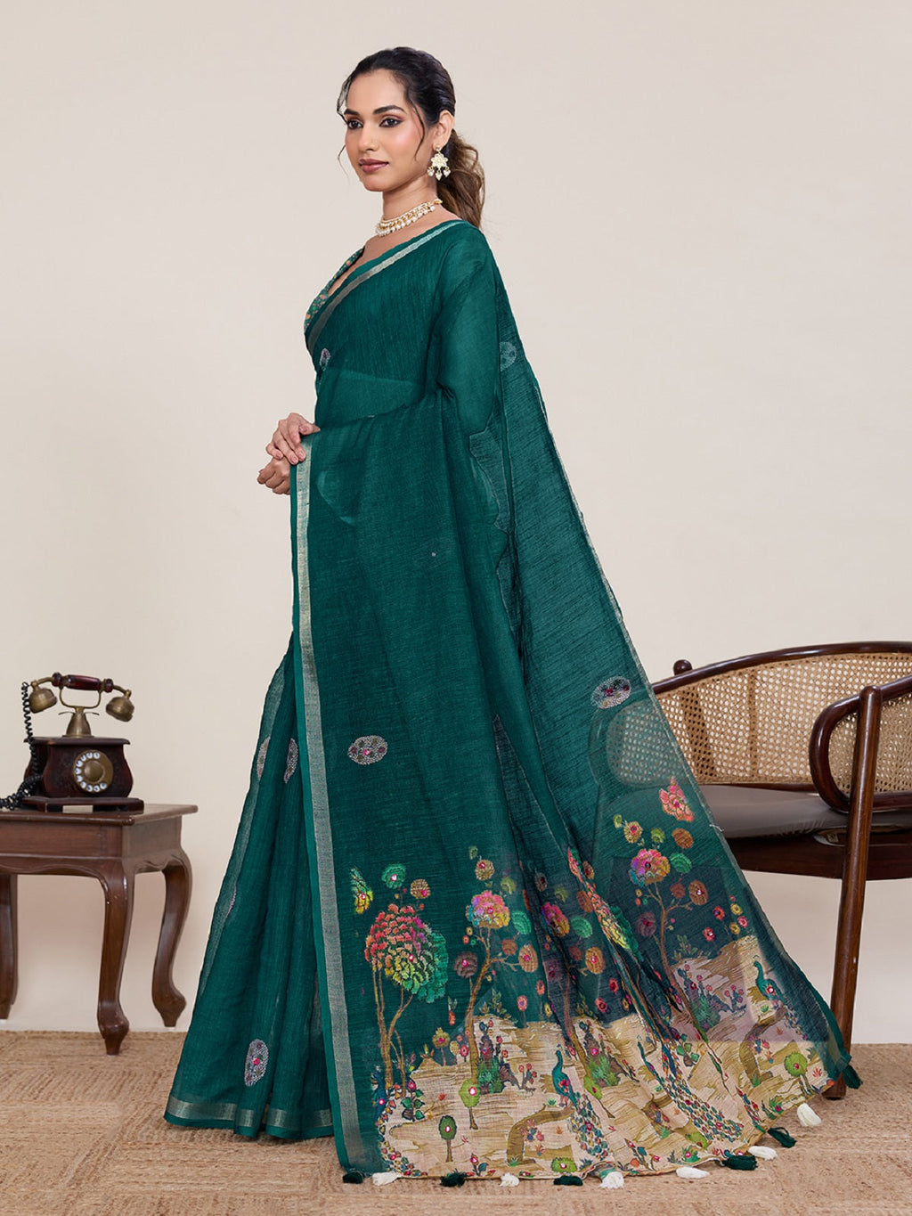 Green Linen Saree with Mirror Work and Matching Unstitched Blouse