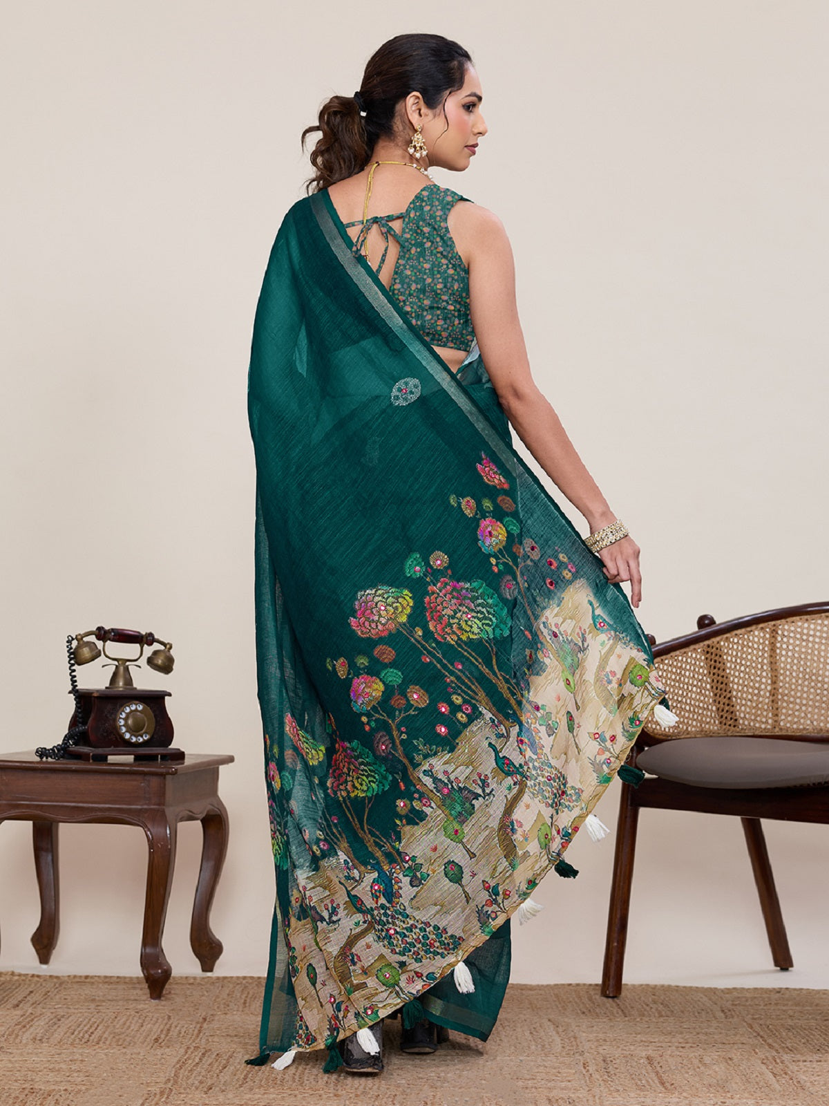 Green Linen Saree with Mirror Work and Matching Unstitched Blouse