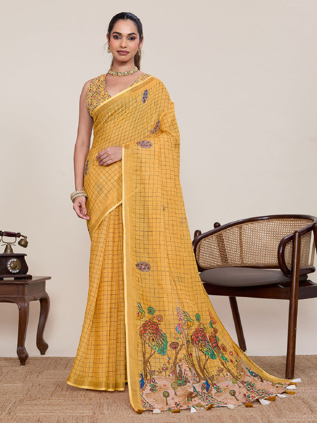 Yellow linen casual saree with mirror work and unstitched blouse