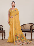 Yellow linen casual saree with mirror work and unstitched blouse