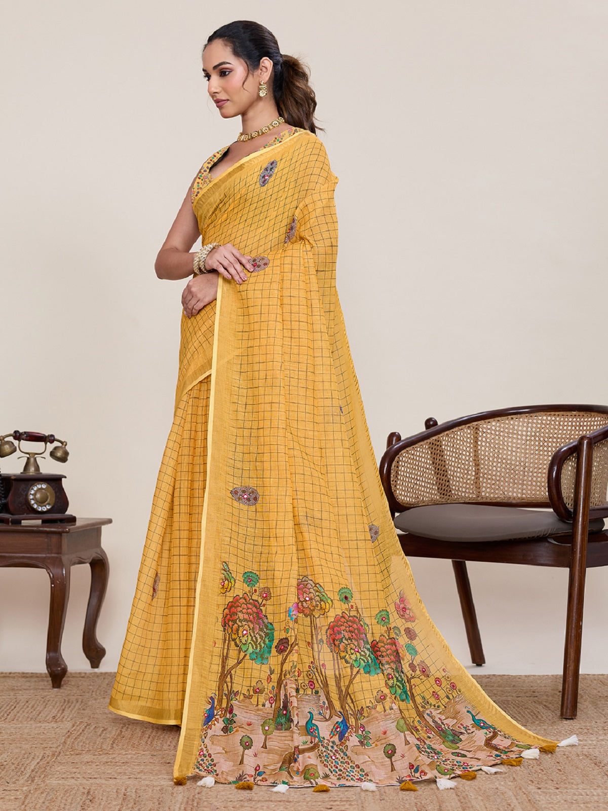 Yellow Linen Casual Saree with Intricate Mirror Work