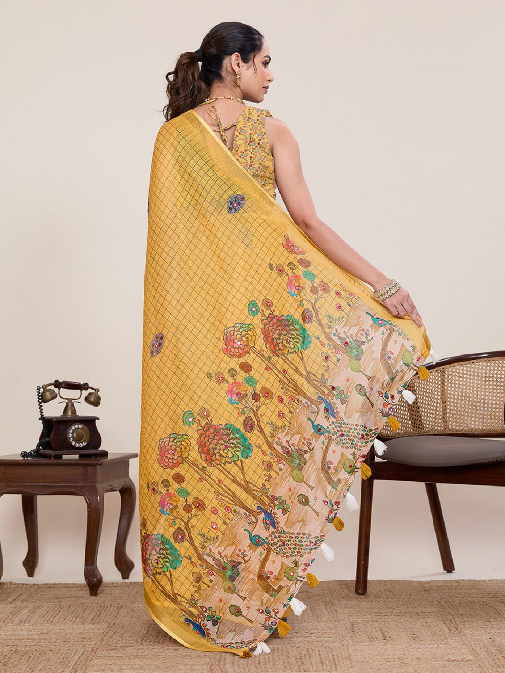 Yellow Linen Casual Saree with Intricate Mirror Work