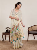 Ivory Casual Linen Saree with Mirror Work and Blouse