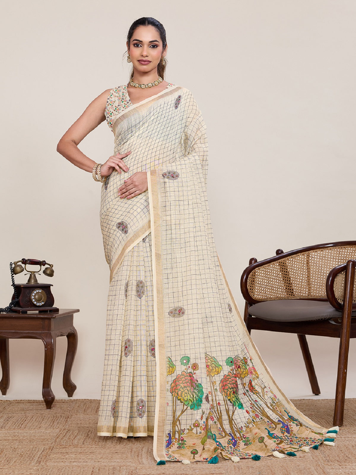 Ivory linen casual saree with mirror work and matching blouse