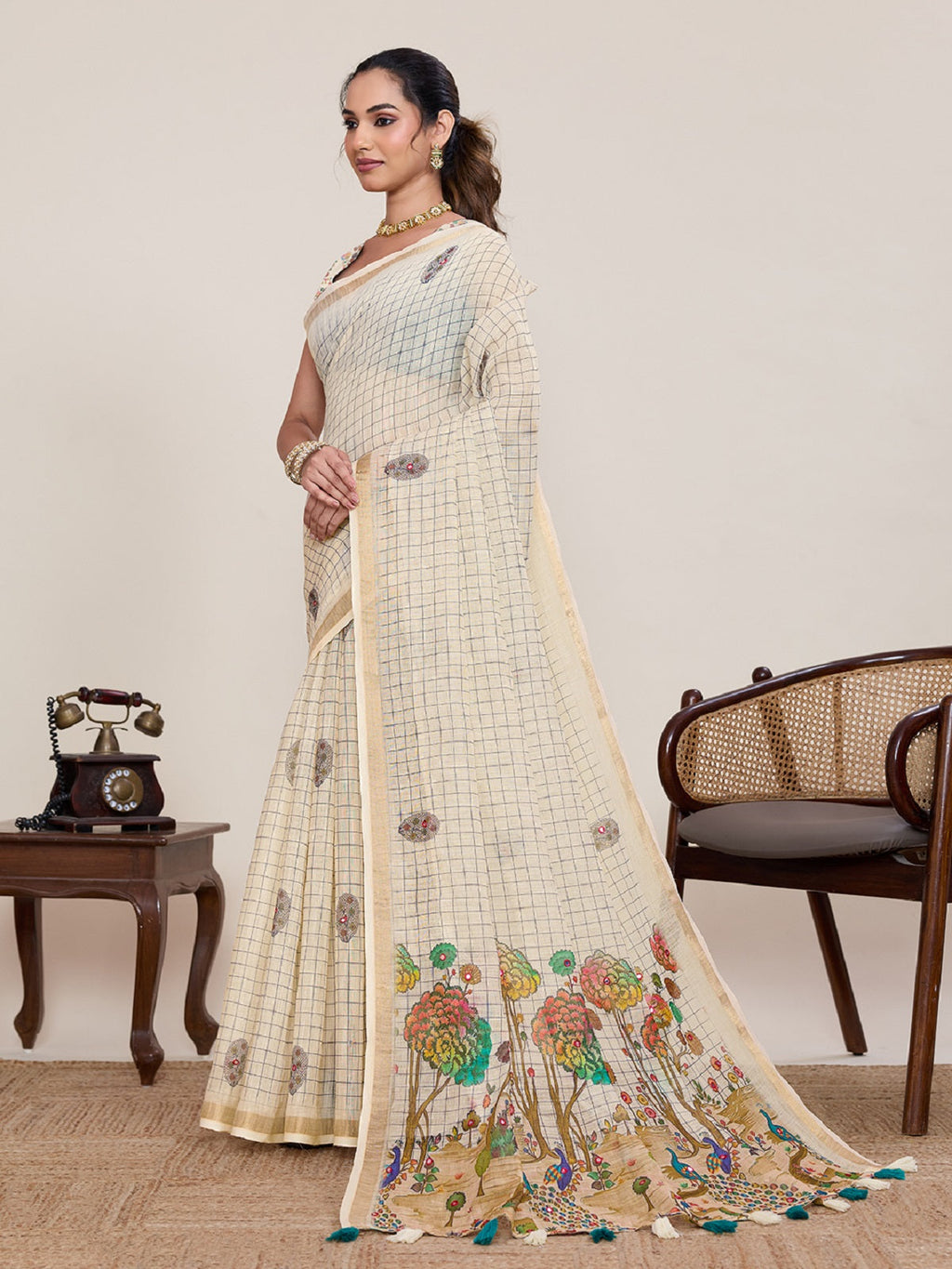 Ivory Casual Linen Saree with Mirror Work and Blouse
