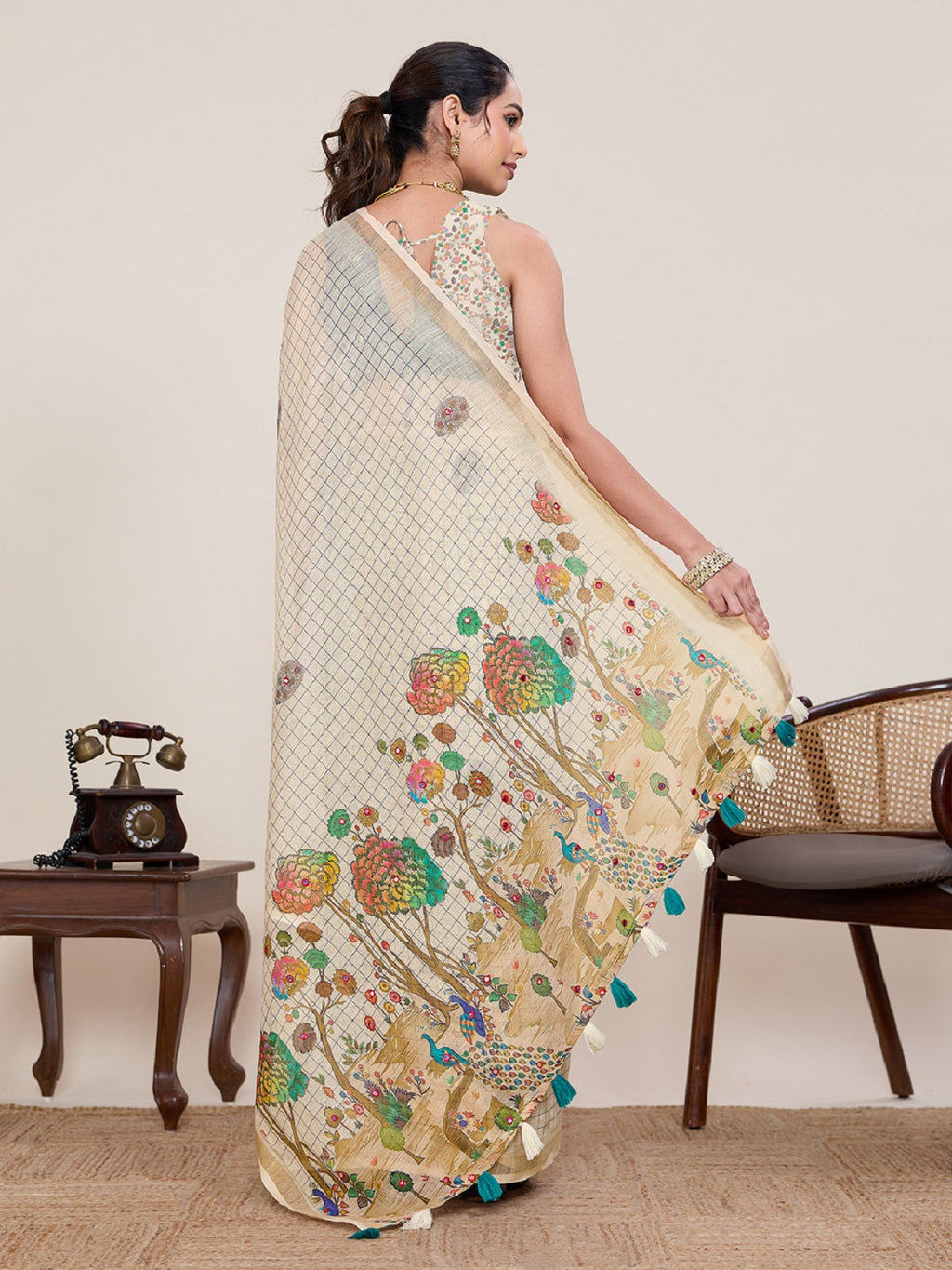 Ivory Casual Linen Saree with Mirror Work and Blouse