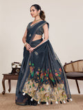 Black Linen Saree with Mirror Work Detail and Unstitched Blouse