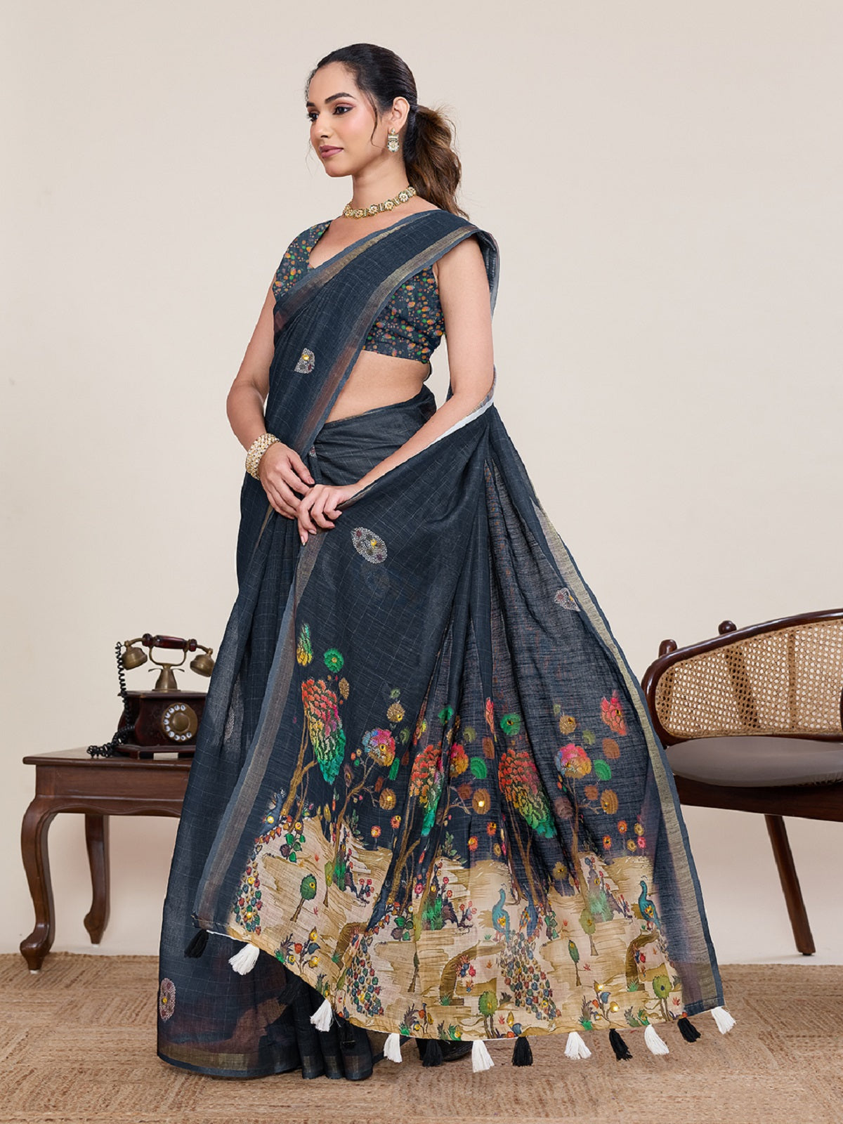 Black Linen Saree with Mirror Work Detail and Unstitched Blouse